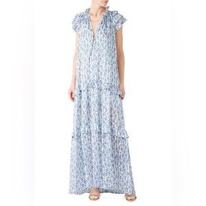 Sabina Musayev Blue Print Gwen Maxi Blue Floral with Gold Threading, Size Medium